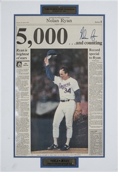 Nolan Ryan Signed 1985 Newspaper From His 5,000th Strikeout In 18x26 Matted Display (Beckett)